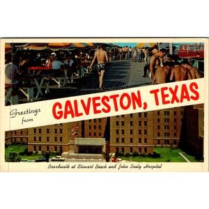 Greetings From Galveston Boardwalk At Stewart Beach TX Vintage Postcard SP17-24